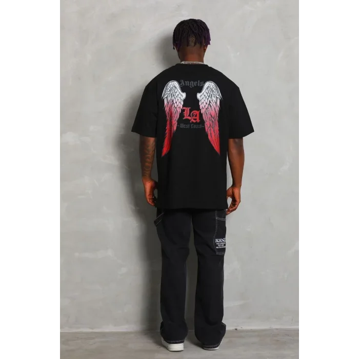 Erkek Baskılı Tişört Kısa Kol Bisiklet Yaka Oversize T-Shirt - Siyah