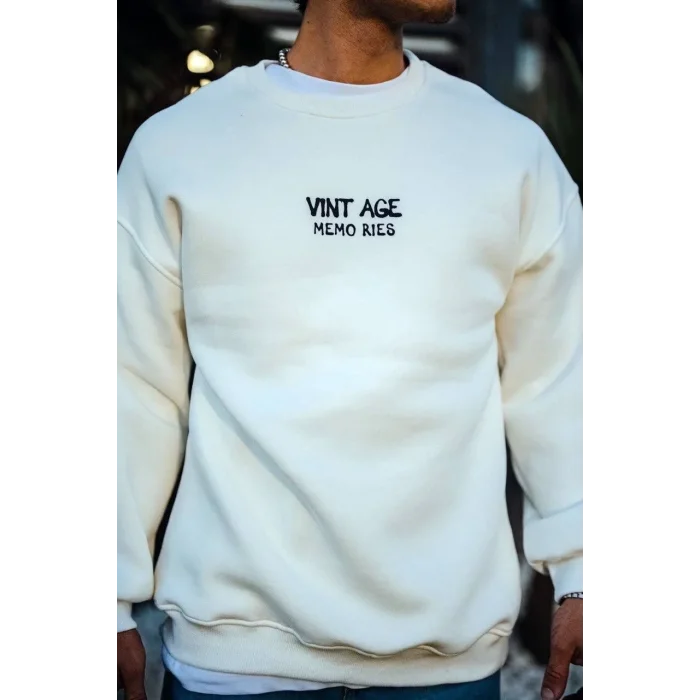 Erkek Bisiklet Yaka 3 İplik pamuklu Baskılı SweatShirt - Beyaz