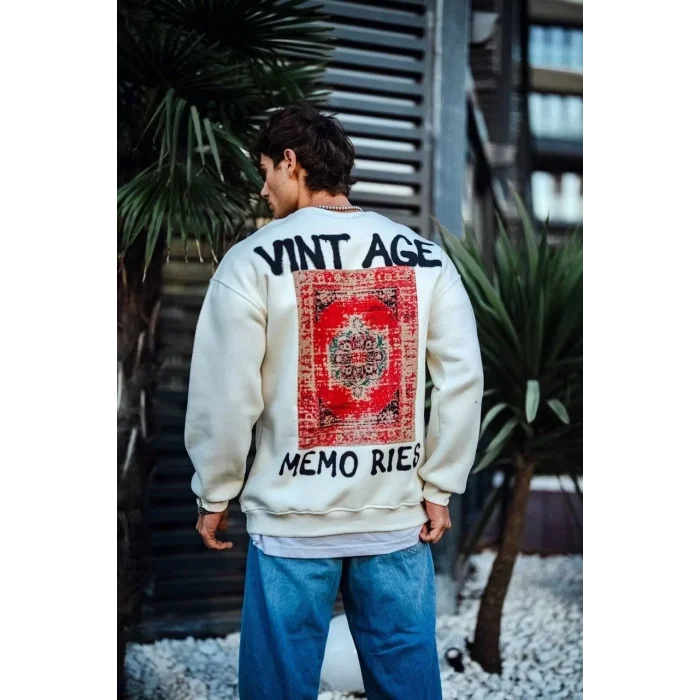 Erkek Bisiklet Yaka 3 İplik pamuklu Baskılı SweatShirt - Beyaz