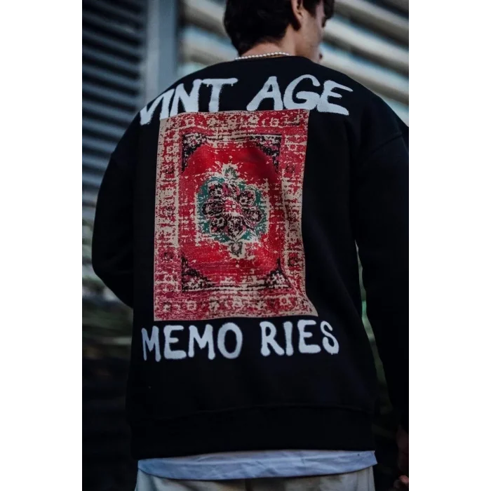 Erkek Bisiklet Yaka 3 İplik Pamuklu Baskılı SweatShirt - Siyah