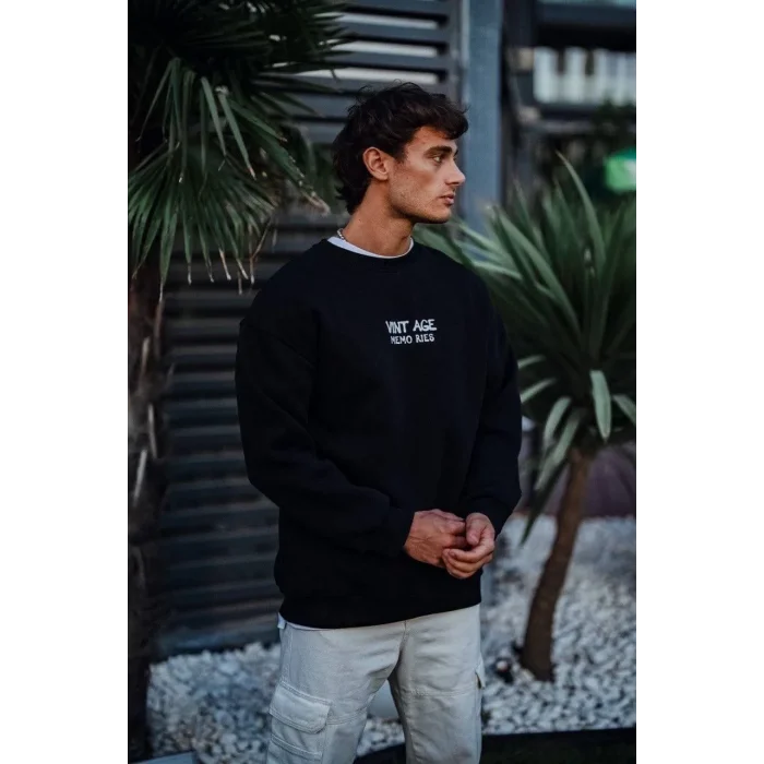 Erkek Bisiklet Yaka 3 İplik Pamuklu Baskılı SweatShirt - Siyah