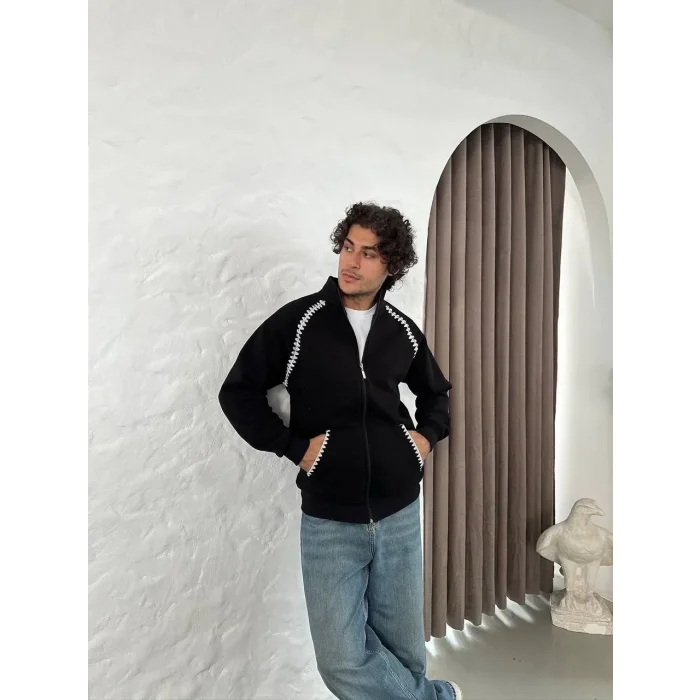 Erkek Oversize Dik Yaka Fermuarlı Sweatshirt - Zincir Nakışli Kanguru Cepli - Siyah