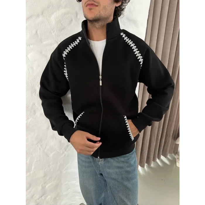 Erkek Oversize Dik Yaka Fermuarlı Sweatshirt - Zincir Nakışli Kanguru Cepli - Siyah
