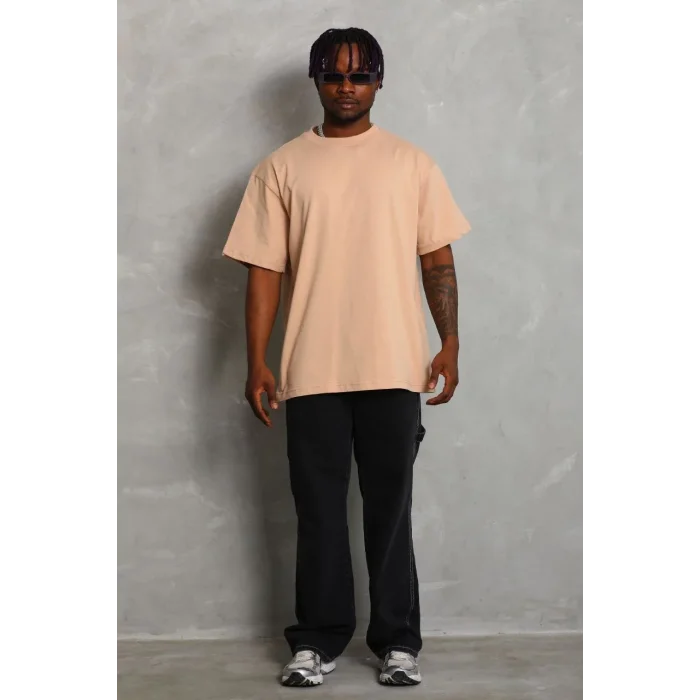 Erkek Düz Yazlık Kısa Kol Tişört Bisiklet Yaka Oversize T-Shirt - Bej