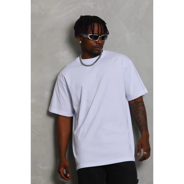 Erkek Düz Yazlık Kısa Kol Tişört Bisiklet Yaka Oversize T-Shirt - Beyaz