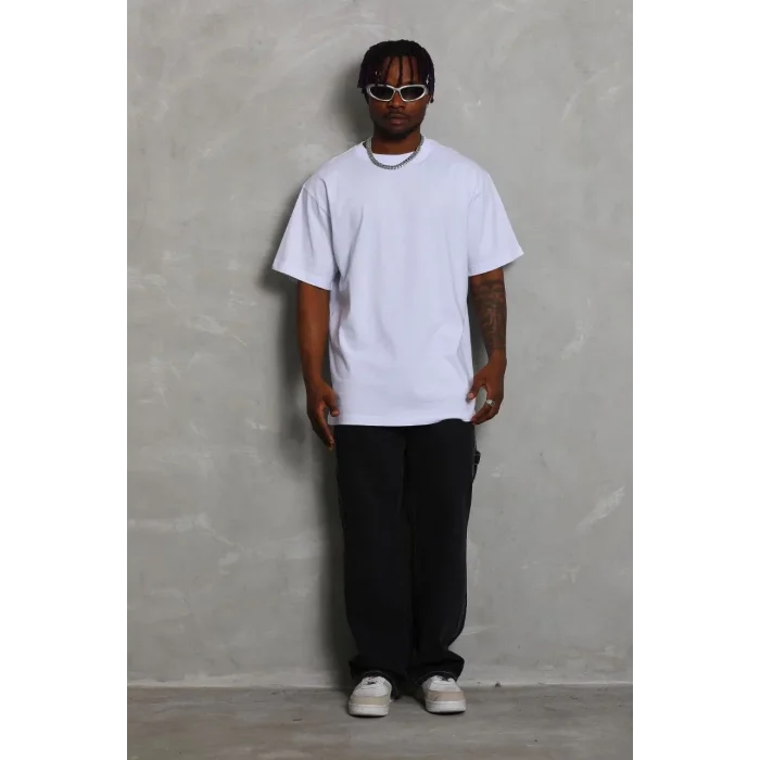 Erkek Düz Yazlık Kısa Kol Tişört Bisiklet Yaka Oversize T-Shirt - Beyaz