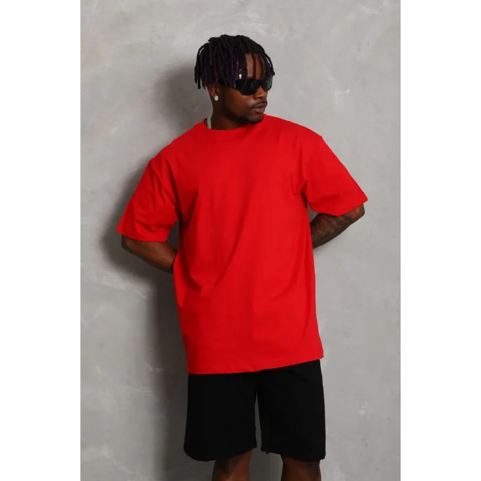 Erkek Düz Yazlık Kısa Kol Tişört Bisiklet Yaka Oversize T-Shirt - Kırmızı