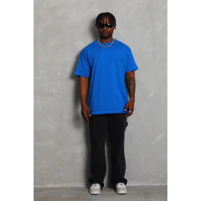 Erkek Düz Yazlık Kısa Kol Tişört Bisiklet Yaka Oversize T-Shirt - Mavi