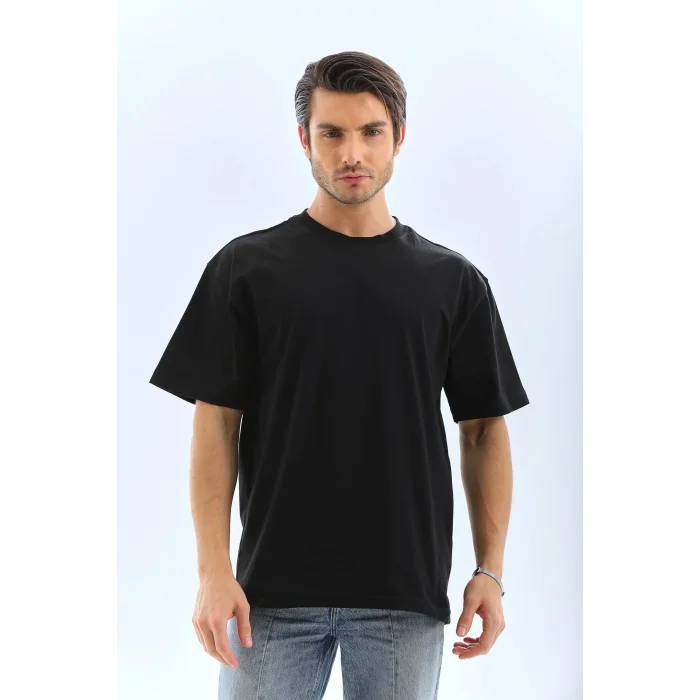 Erkek Düz Yazlık Kısa Kol Tişört Bisiklet Yaka Oversize T-Shirt - Siyah