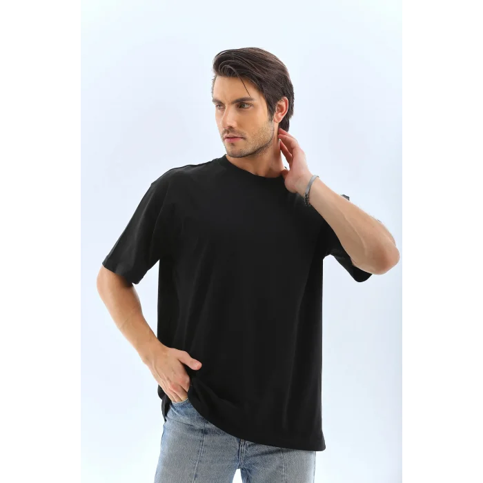 Erkek Düz Yazlık Kısa Kol Tişört Bisiklet Yaka Oversize T-Shirt - Siyah