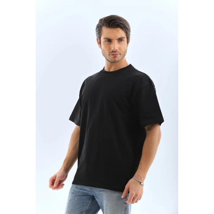 Erkek Düz Yazlık Kısa Kol Tişört Bisiklet Yaka Oversize T-Shirt - Siyah