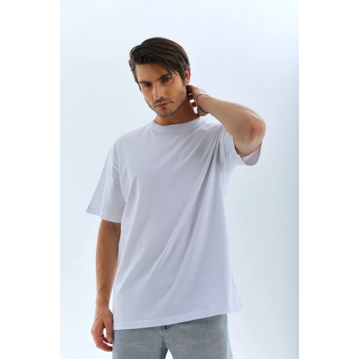 Erkek Düz Yazlık Kısa Kol Tişört Bisiklet Yaka Oversize T-Shirt - Beyaz