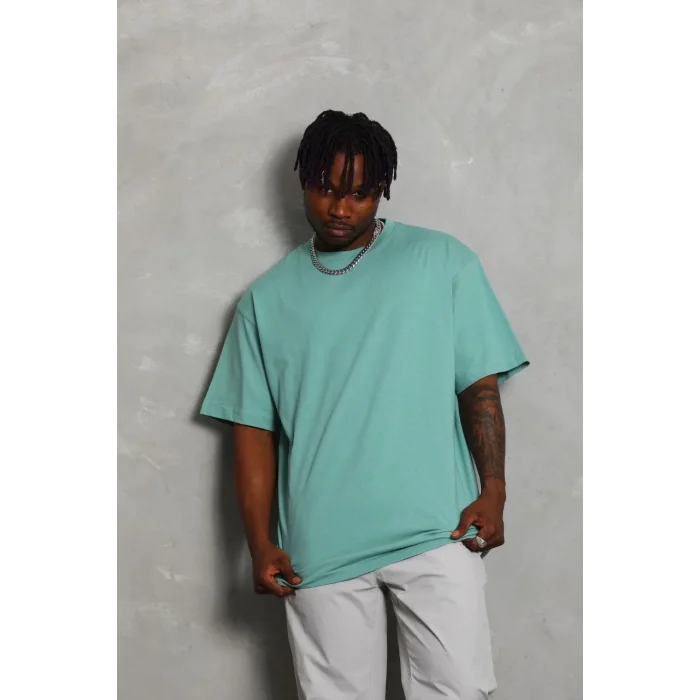 Erkek Düz Yazlık Kısa Kol Tişört Bisiklet Yaka Oversize T-Shirt - Mint Yeşili