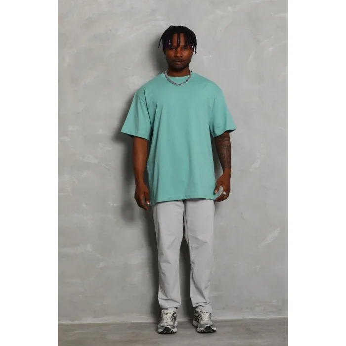 Erkek Düz Yazlık Kısa Kol Tişört Bisiklet Yaka Oversize T-Shirt - Mint Yeşili