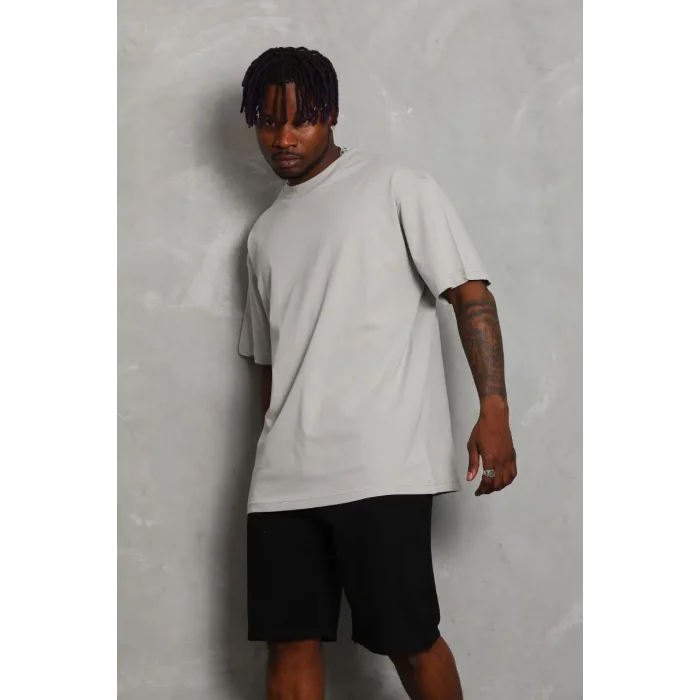 Erkek Düz Yazlık Kısa Kol Tişört Bisiklet Yaka Oversize T-Shirt - Gri