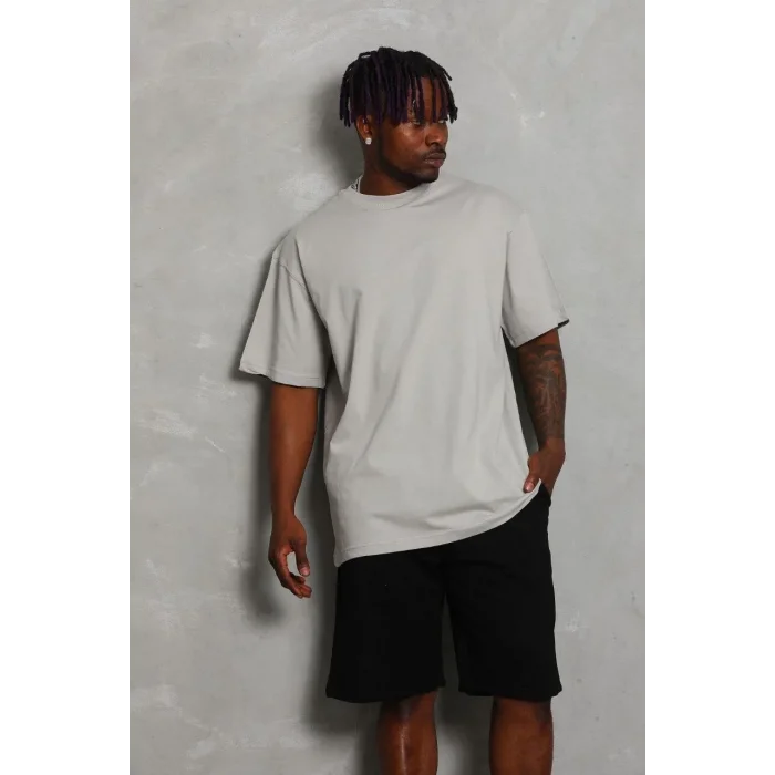 Erkek Düz Yazlık Kısa Kol Tişört Bisiklet Yaka Oversize T-Shirt - Gri