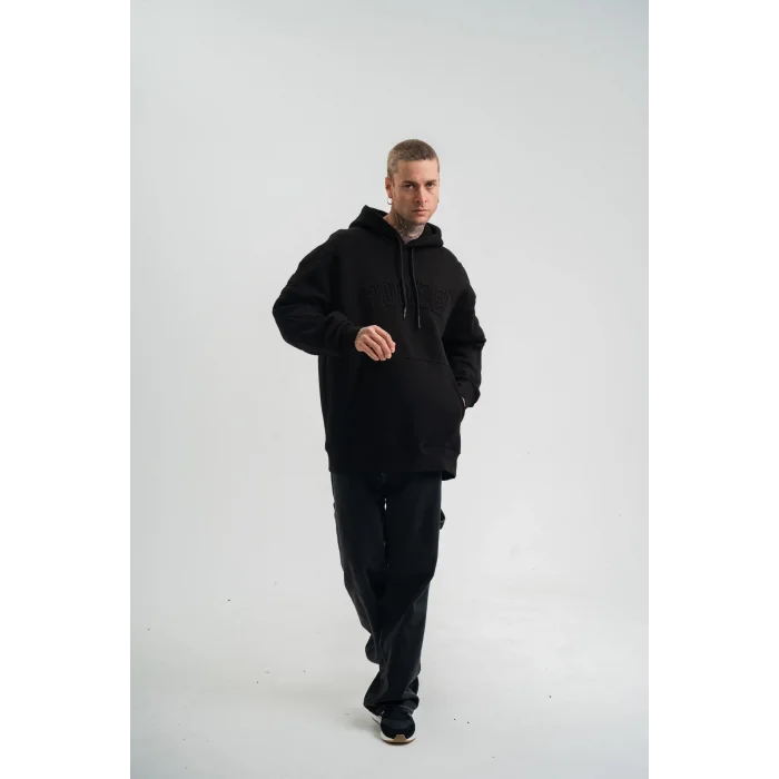 Erkek 3 İplik Pamuklu Oversize Kapüşonlu Nakışlı Hoodie SweatShirt - Siyah