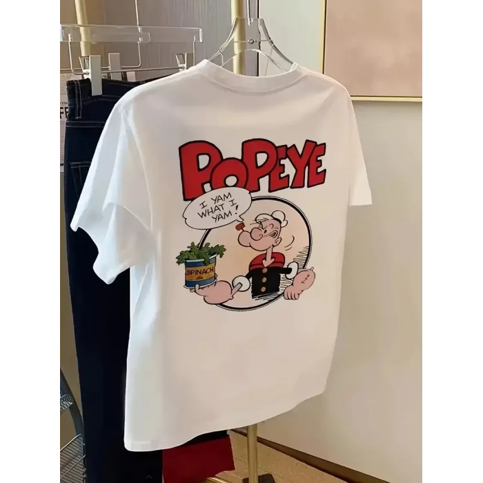 Erkek T-Shirt Oversize Kısa kol Tişört Popeye Baskılı - Beyaz