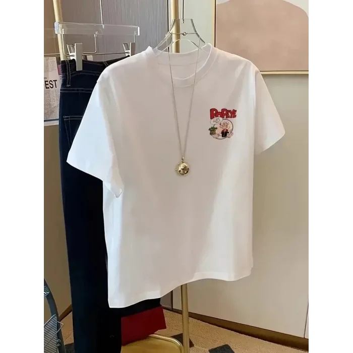 Erkek T-Shirt Oversize Kısa kol Tişört Popeye Baskılı - Beyaz