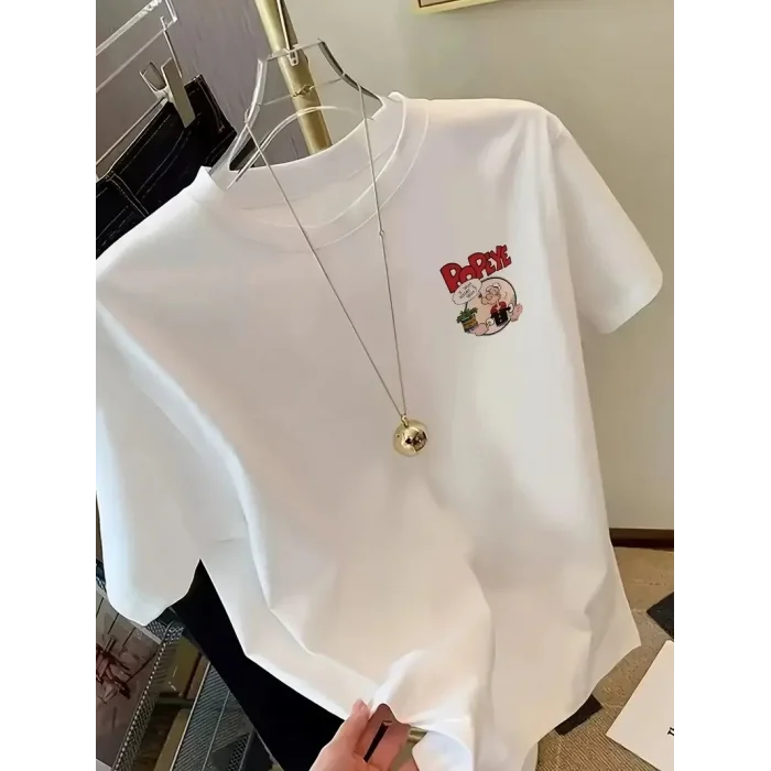 Erkek T-Shirt Oversize Kısa kol Tişört Popeye Baskılı - Beyaz