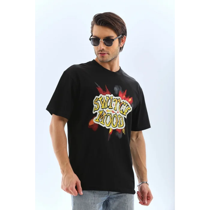 Erkek Kısa Kol Yazlık Tişört Bisiklet Yaka Baskılı Oversize T-Shirt - Siyah