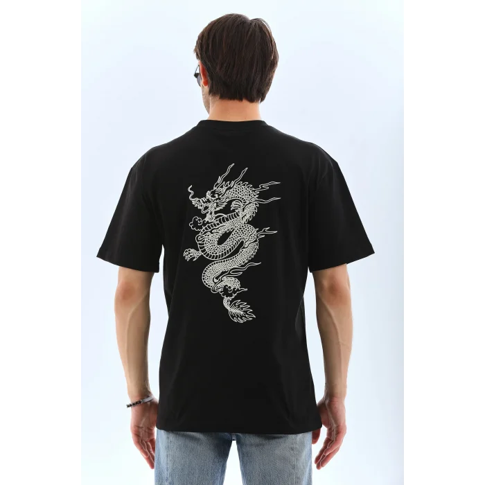 Erkek Kısa Kol Yazlık Tişört Bisiklet Yaka Baskılı Oversize T-Shirt - Siyah