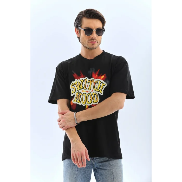 Erkek Kısa Kol Yazlık Tişört Bisiklet Yaka Baskılı Oversize T-Shirt - Siyah