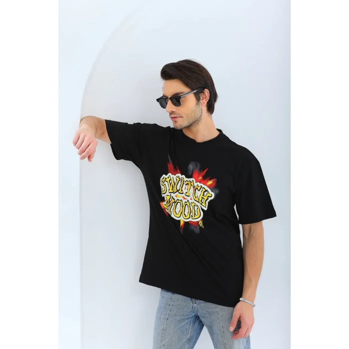 Erkek Kısa Kol Yazlık Tişört Bisiklet Yaka Baskılı Oversize T-Shirt - Siyah