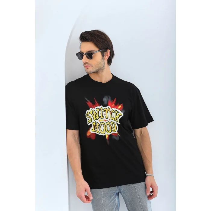 Erkek Kısa Kol Yazlık Tişört Bisiklet Yaka Baskılı Oversize T-Shirt - Siyah