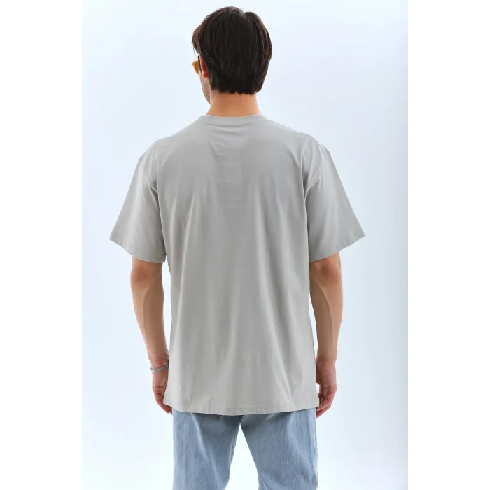 ERKEK Tişört TAŞ Detaylı Bisiklet Yaka  Kısa kol T-Shirt - Gri