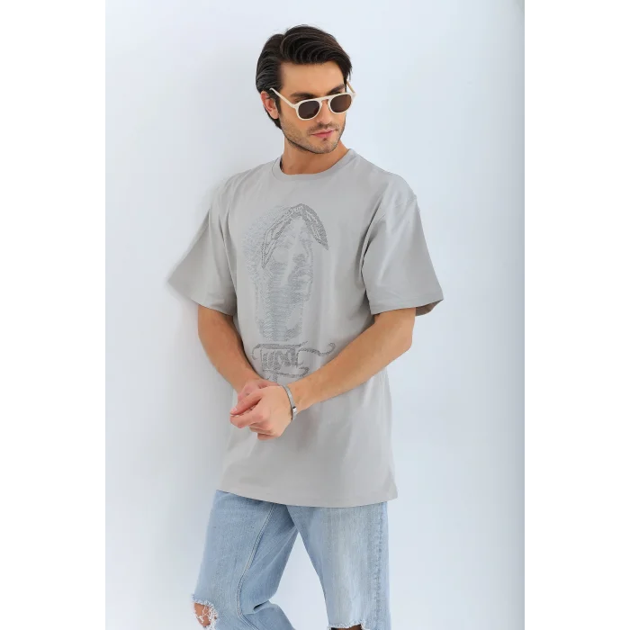 ERKEK Tişört TAŞ Detaylı Bisiklet Yaka  Kısa kol T-Shirt - Gri