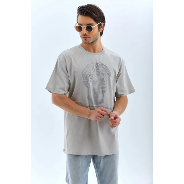 ERKEK Tişört TAŞ Detaylı Bisiklet Yaka  Kısa kol T-Shirt - Gri