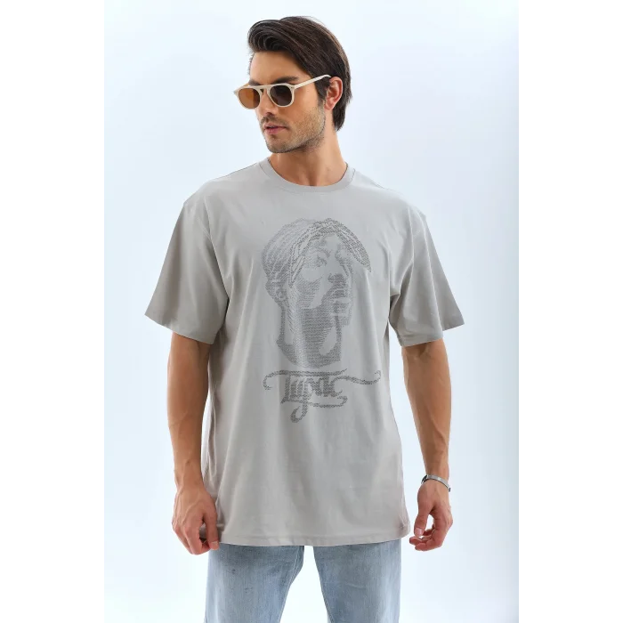 ERKEK Tişört TAŞ Detaylı Bisiklet Yaka  Kısa kol T-Shirt - Gri