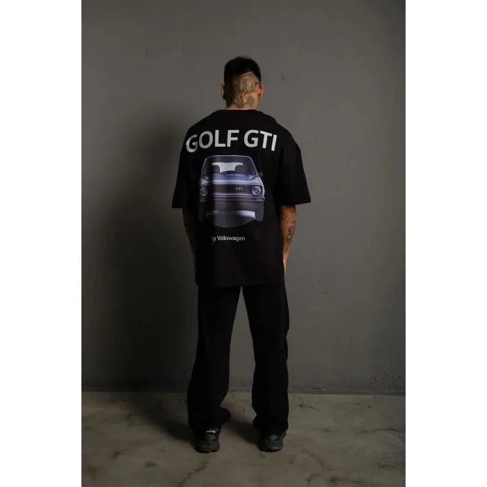 Erkek Oversize Tişört Golf GTI Retro Araba Baskılı T-shirt - Siyah
