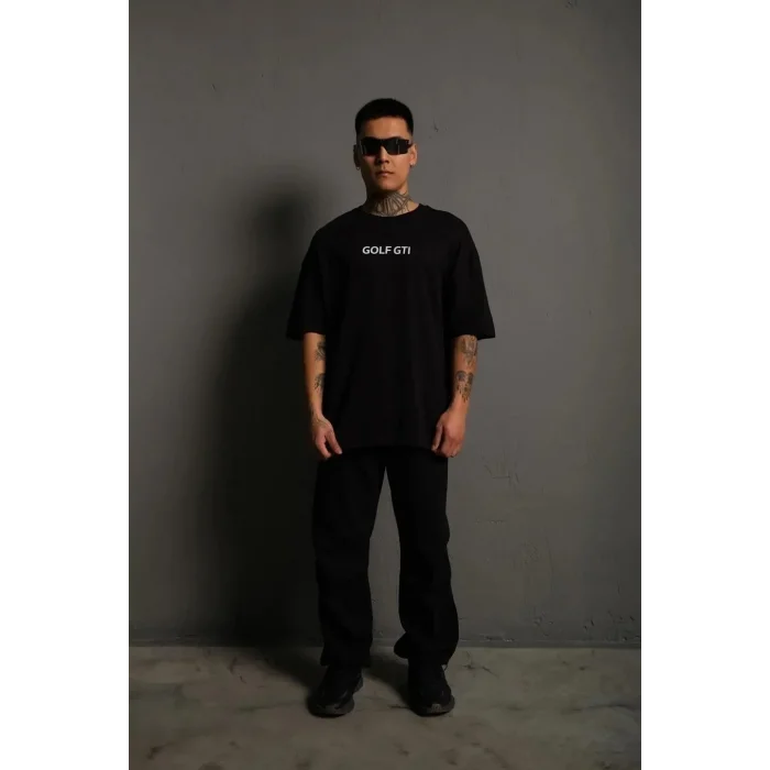 Erkek Oversize Tişört Golf GTI Retro Araba Baskılı T-shirt - Siyah
