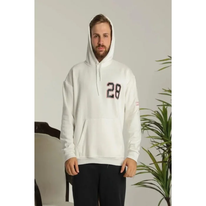Erkek 3 İplik Pamuklu Kapüşonlu Baskılı Cepli Oversize Sweatshirt Hoodie - Beyaz