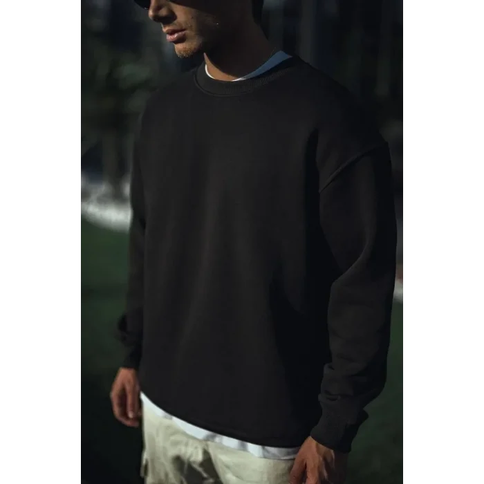 Erkek pamuklu Bisiklet Yaka 3 İplik Basic SweatShirt - Siyah