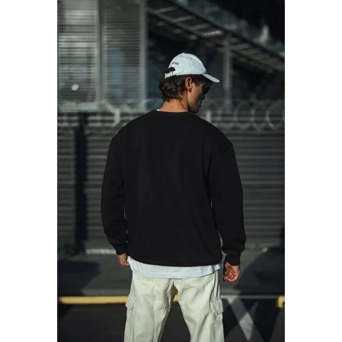 Erkek pamuklu Bisiklet Yaka 3 İplik Basic SweatShirt - Siyah