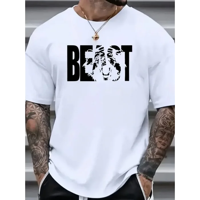 Erkek Baskılı Tişört Kısa Kol Bisiklet Yaka Oversize T-Shirt - Beyaz