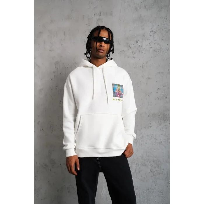 Erkek 3 İplik Pamuklu Kapüşonlu Baskılı Cepli Oversize Sweatshirt Hoodie - Beyaz