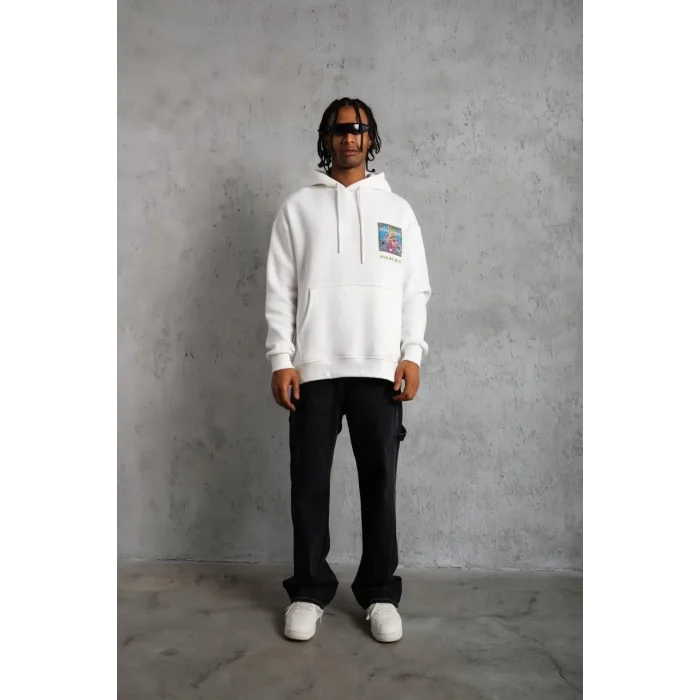Erkek 3 İplik Pamuklu Kapüşonlu Baskılı Cepli Oversize Sweatshirt Hoodie - Beyaz
