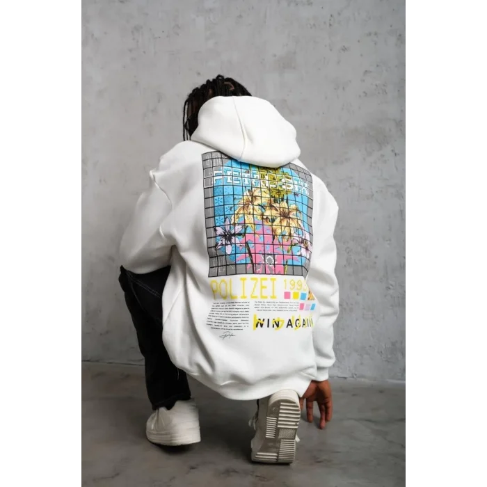 Erkek 3 İplik Pamuklu Kapüşonlu Baskılı Cepli Oversize Sweatshirt Hoodie - Beyaz