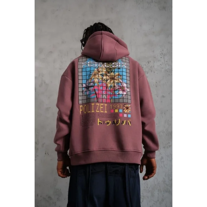 Erkek 3 İplik Pamuklu Kapüşonlu Baskılı Cepli Oversize Sweatshirt Hoodie - Gül Kurusu