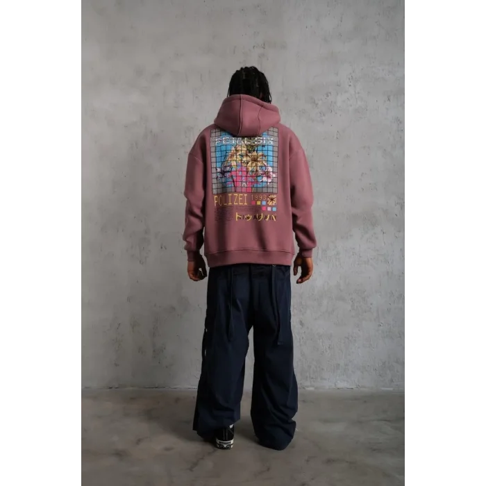 Erkek 3 İplik Pamuklu Kapüşonlu Baskılı Cepli Oversize Sweatshirt Hoodie - Gül Kurusu