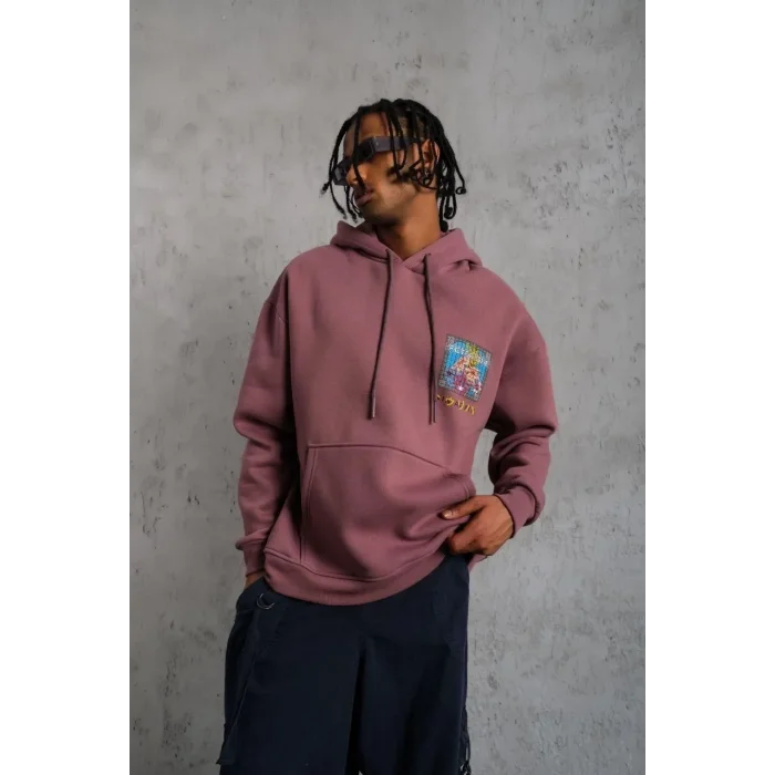 Erkek 3 İplik Pamuklu Kapüşonlu Baskılı Cepli Oversize Sweatshirt Hoodie - Gül Kurusu