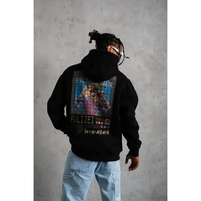 Erkek 3 İplik Pamuklu Kapüşonlu Baskılı Cepli Oversize Sweatshirt Hoodie - Siyah