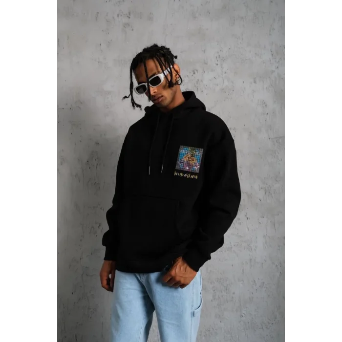 Erkek 3 İplik Pamuklu Kapüşonlu Baskılı Cepli Oversize Sweatshirt Hoodie - Siyah