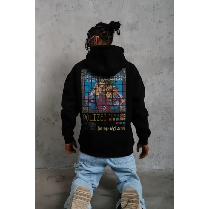 Erkek 3 İplik Pamuklu Kapüşonlu Baskılı Cepli Oversize Sweatshirt Hoodie - Siyah