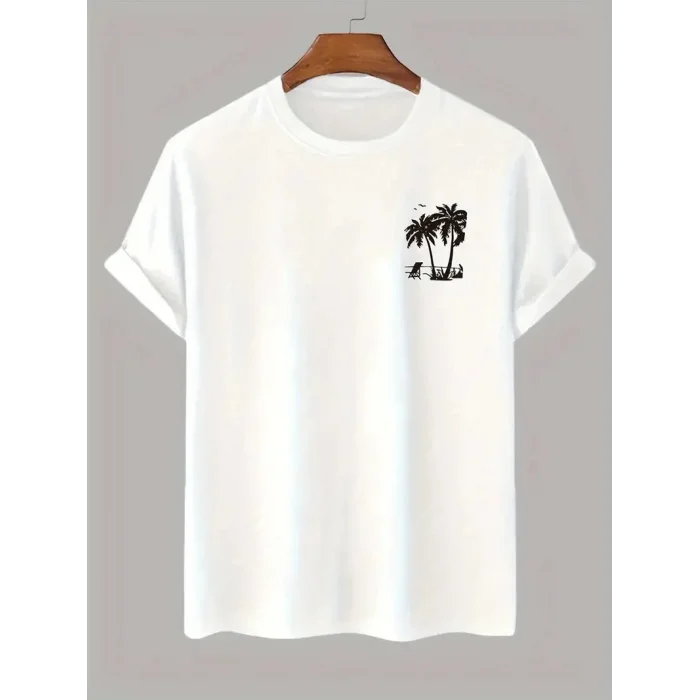 Erkek Kısa Kol Yazlık Tişört Bisiklet Yaka Palmiye Baskılı T-Shirt - Beyaz