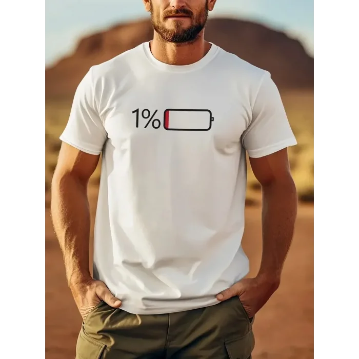 Erkek Sarj %1 Baskılı T-Shirt Kısa Kol Bisiklet Yaka Regular Fit Tişört - Beyaz